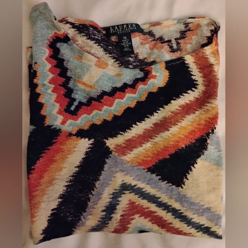 Linen Ralph Lauren Picasso Design Abstract Short Sleeve Top Size S